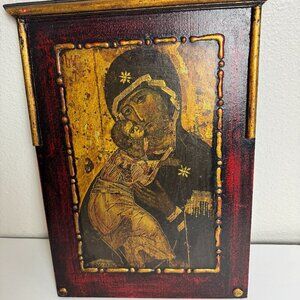 Antique Orthodox Religious Mother Of God Virgin Mary Wooden  Icon
